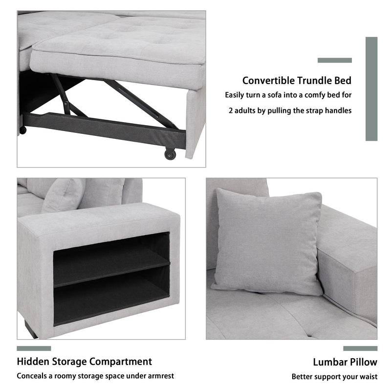 Modern L-Shape 3 Seat Reversible Sectional Couch, Pull Out Sleeper Sofa With Storage Chaise And 2 Stools For Living Room Furniture Set