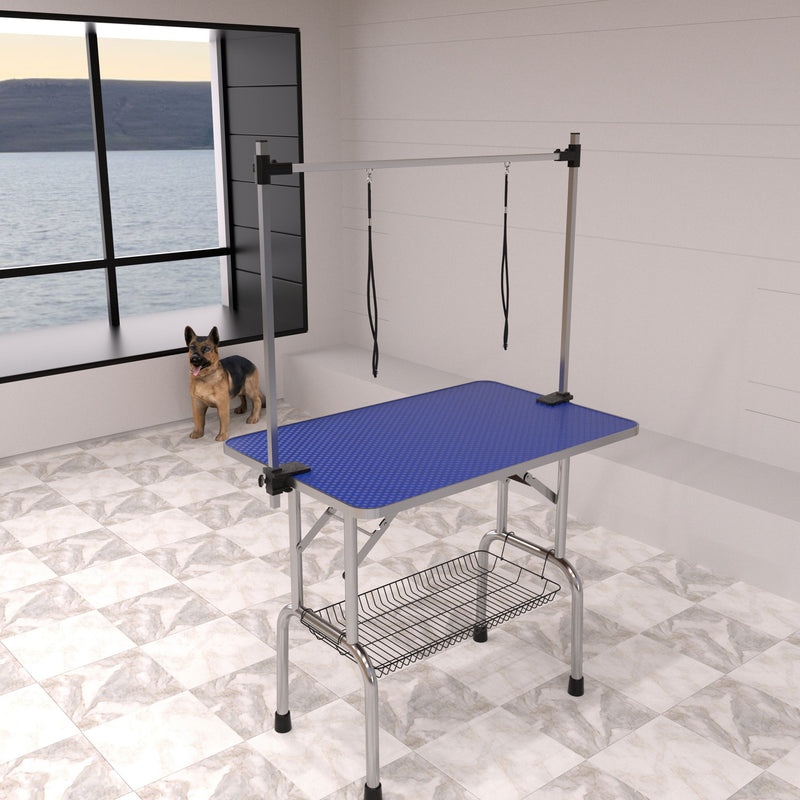 Folding Dog Pet Grooming Table Stainless Steel Frame Rubber Mat On Board With Adjustable Arm And Clamps Pet Dog Cat Grooming Table