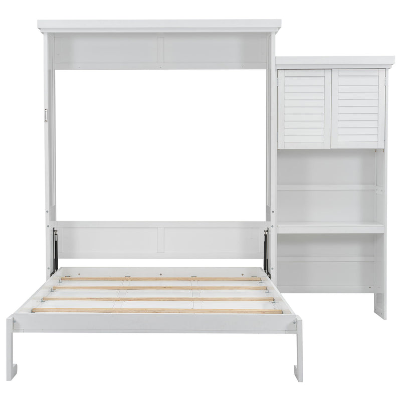 Queen Size Murphy Bed With Louvered Design And Multiple Storage Shelves - White