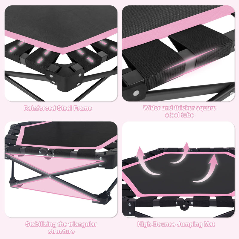 Foldable Mini Trampoline, 1 Step Fold & Open, 3 Level Adjustable T - Bar, Indoor & Outdoor Workout - Black / Pink