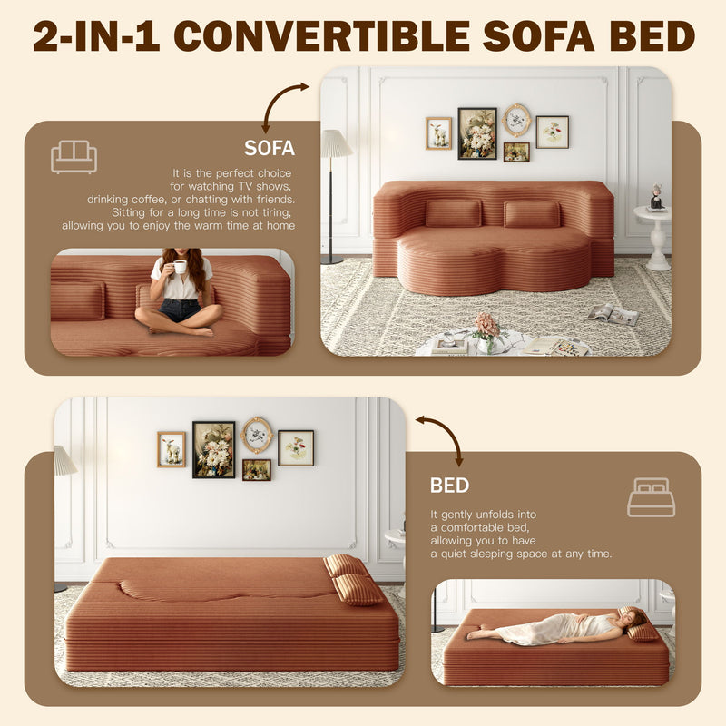 Modern Floor Sofa With 2 Pillows, Convertible Twin Size Folding Mattress For Living Room