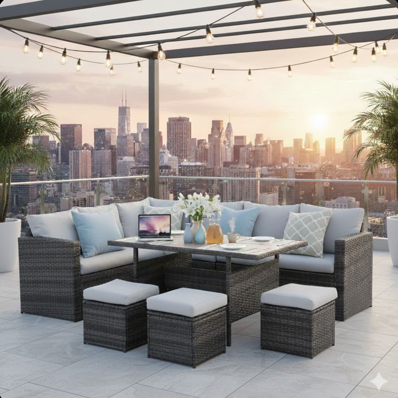 7 Piece Outdoor Dining Set With Cushions, Modular Sectional Sofa And Table