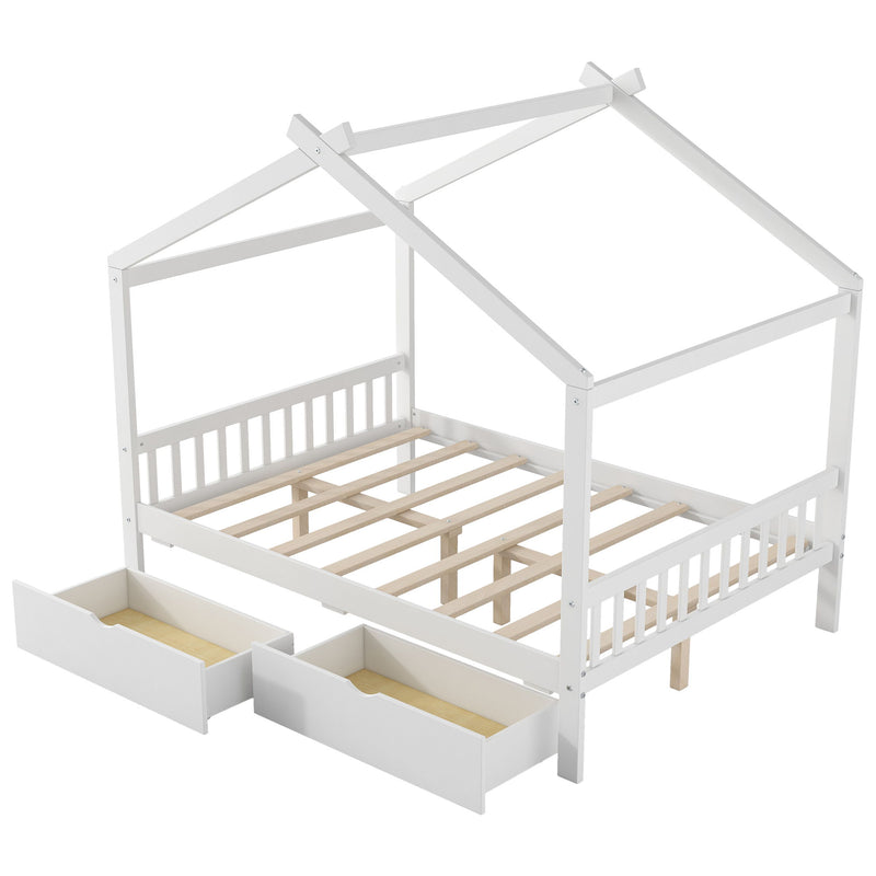House Style Platform Bed With Headboard, Footboard, 2 Drawers, And Roof Design
