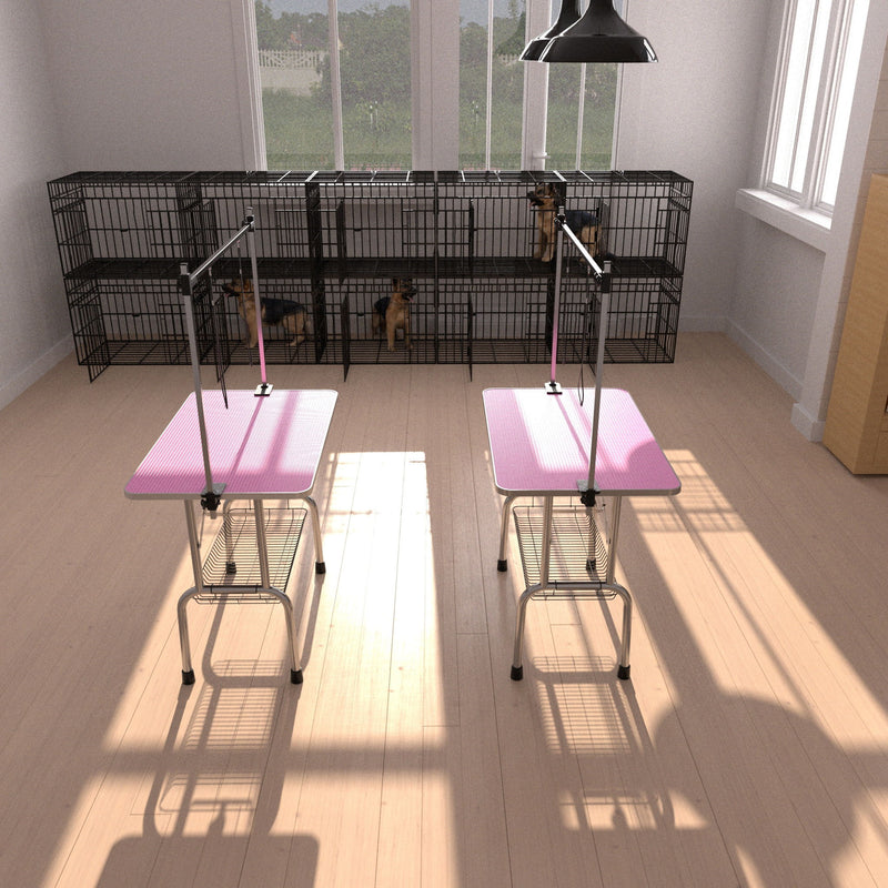 Folding Dog Pet Grooming Table Stainless Steel Frame Rubber Mat On Board With Adjustable Arm And Clamps Pet Dog Cat Grooming Table