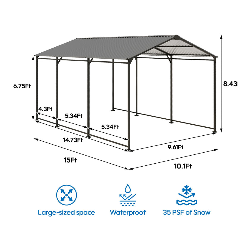 Metal Carport 10 5Ft Heavy Duty With Galvanized Steel Roof Metal Garage Canopy With Galvanized Steel Roof & Frame Car Tent Outdoor Storage Shed - Gray