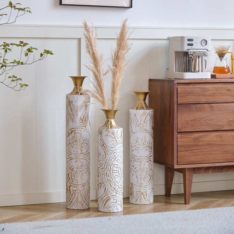 Floor Metal Vases Decorated Metal Vases (Set of 3) Gorgeous Home Decoration Large Glazed Metal Vases - White / Gold