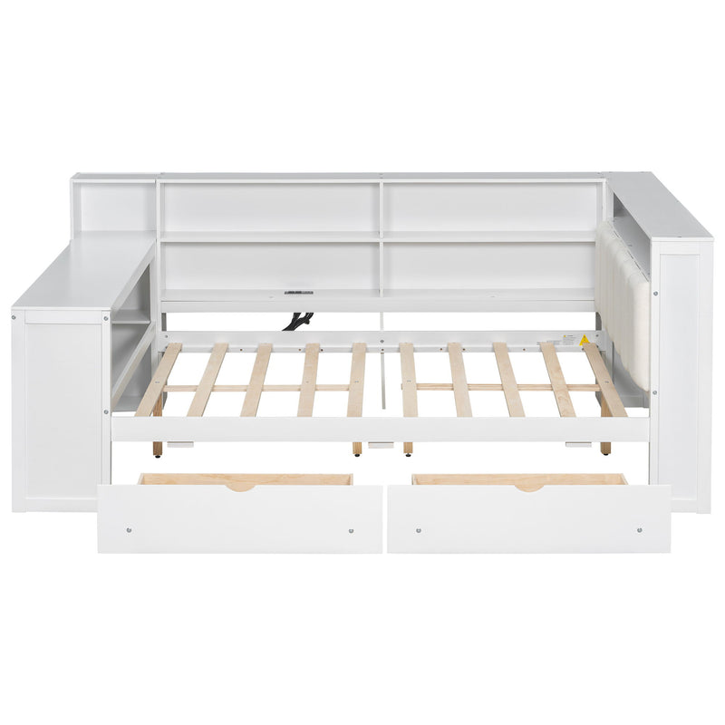 Platform Bed With Storage Shelves, Drawers, Charging Station, LED, Desk