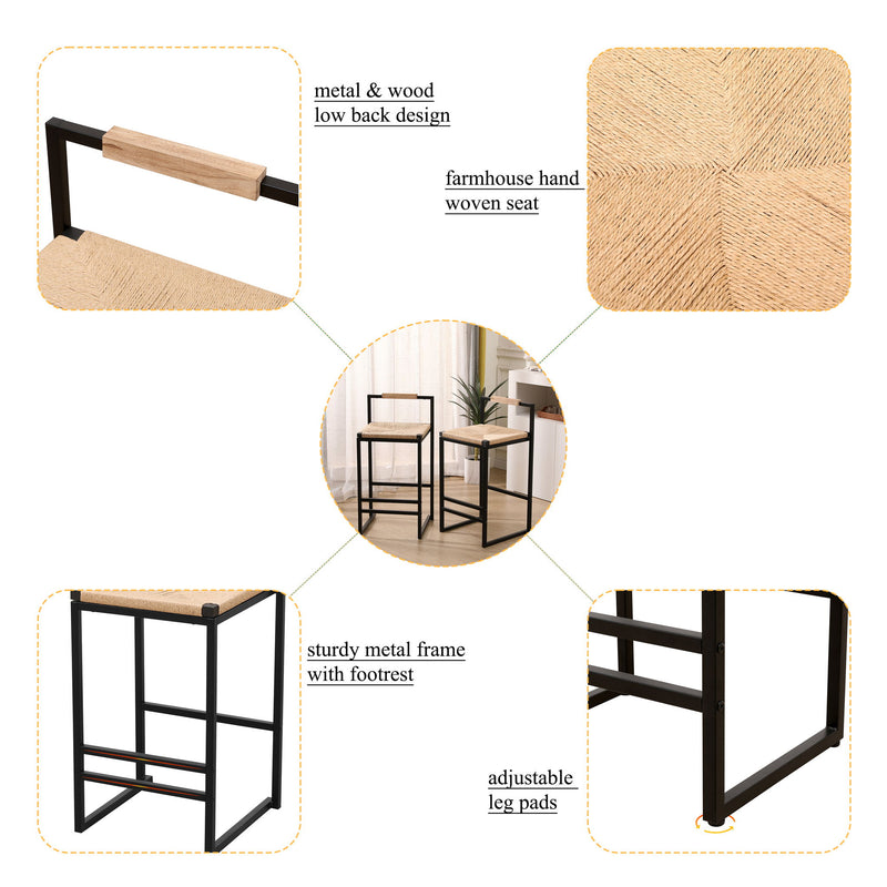 Stylish (Set of 2) Bar Stools With Backrest And Paper Rope Woven Seat, Counter Height Dining Chairs For Kitchen - Natural