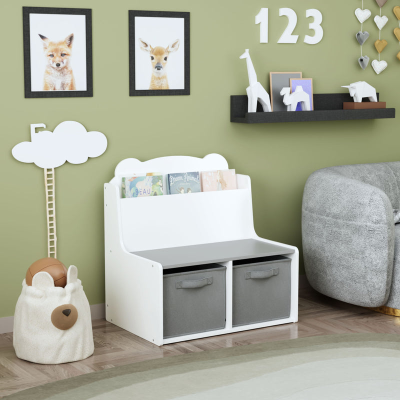 Bookshelf With Storage Bins, Bookcase With Book Display Shelf And 2 Bins, Cute Bear Shaped Backboard, Toy Organizer - White