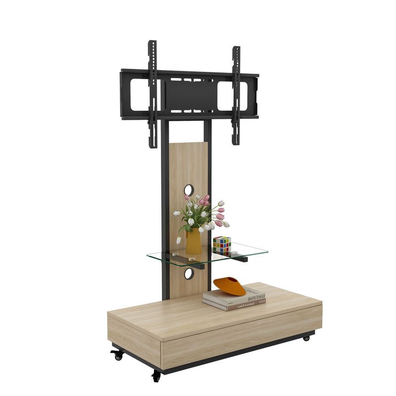 Mobile TV Cart With Push Pull Drawer, Lockable Wheels