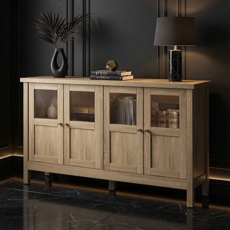 Buffet Cabinet With 4 Doors, Adjustable Shelves Handles - Natural
