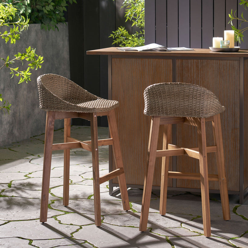 Beeson - Outdoor Wicker And Acacia Wood Barstools Set, Water Resistant - Brown