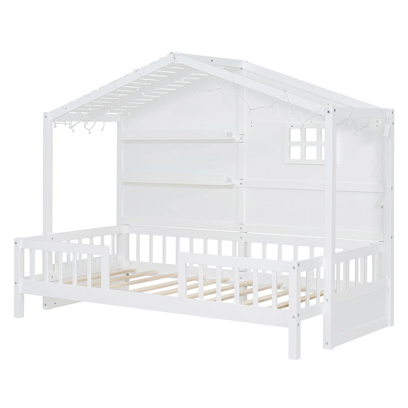 House Bed With Shelves, Window And Sparkling Light Strip On The Roof