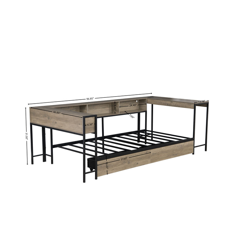 Corner Bed Frame Twin Size With Bookcase And 2 Underbed Storage Drawers, Modern Twin Bed With LED Light And Charging Station, Modern Daybed Reversible Left Or Right - Gray