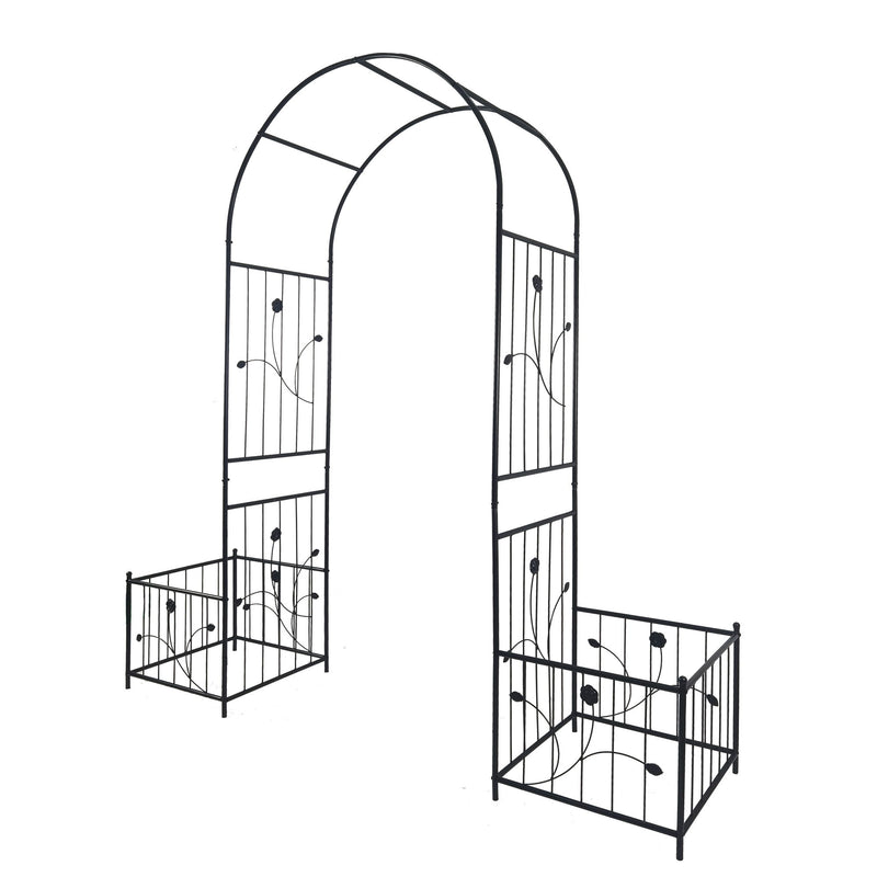 Metal Garden Arch With Two Plant Stands Wide High Climbing Plants Support Rose Arch Outdoor - Black