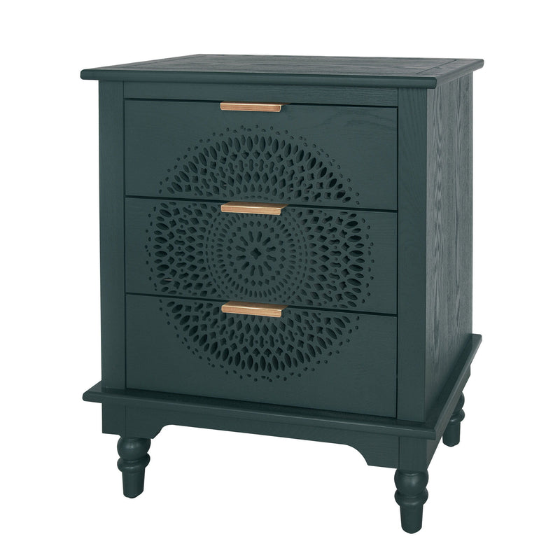 Hollow Carved 3 Drawer Dresser With Metal Handles, Storage Chest For Living Room Or Bedroom - Blackish Green