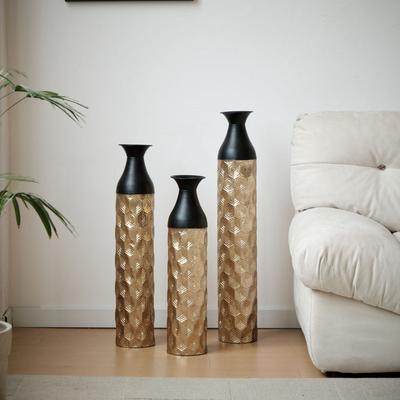 Floor Metal Vases (Set of 3) Gorgeous Home Decoration Large Glazed Metal Vases - Black / Gold