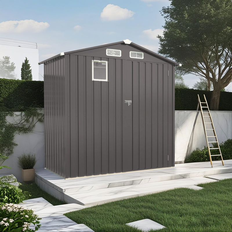 Compact Outdoor Storage Shed With Peaked Roof And Lockable Door - Gray