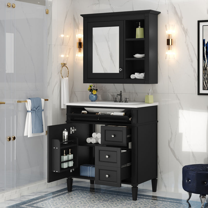 Bathroom Vanity With Top Sink, 2 Doors And 3 Drawers, Freestanding Set With Mirror Cabinet