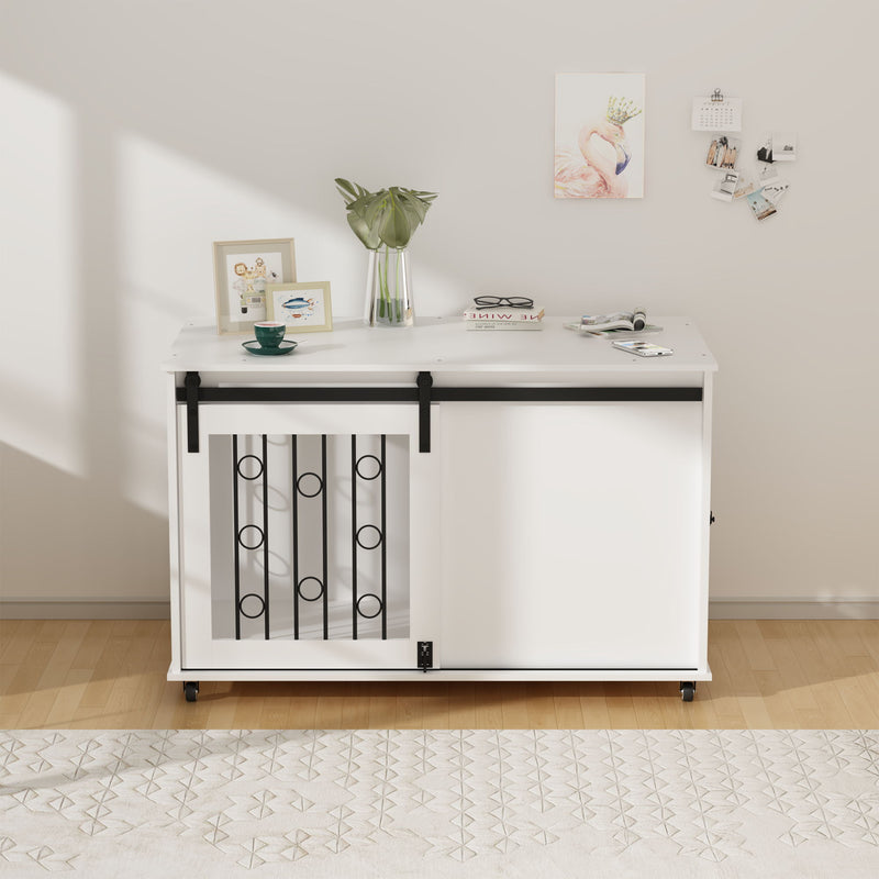 Dog Crate With Sliding Barn Door And Side Access, Lockable Wheels For Small To Medium Dogs - White