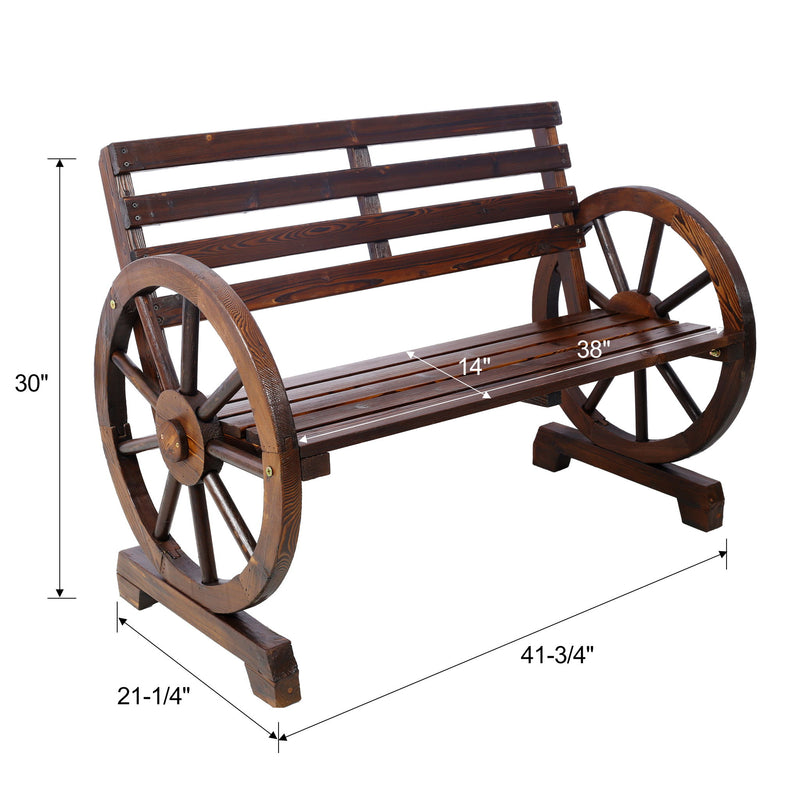 Rustic Country 2 Person Wooden Wagon Wheel Bench With Slatted Seat And Backrest - Brown