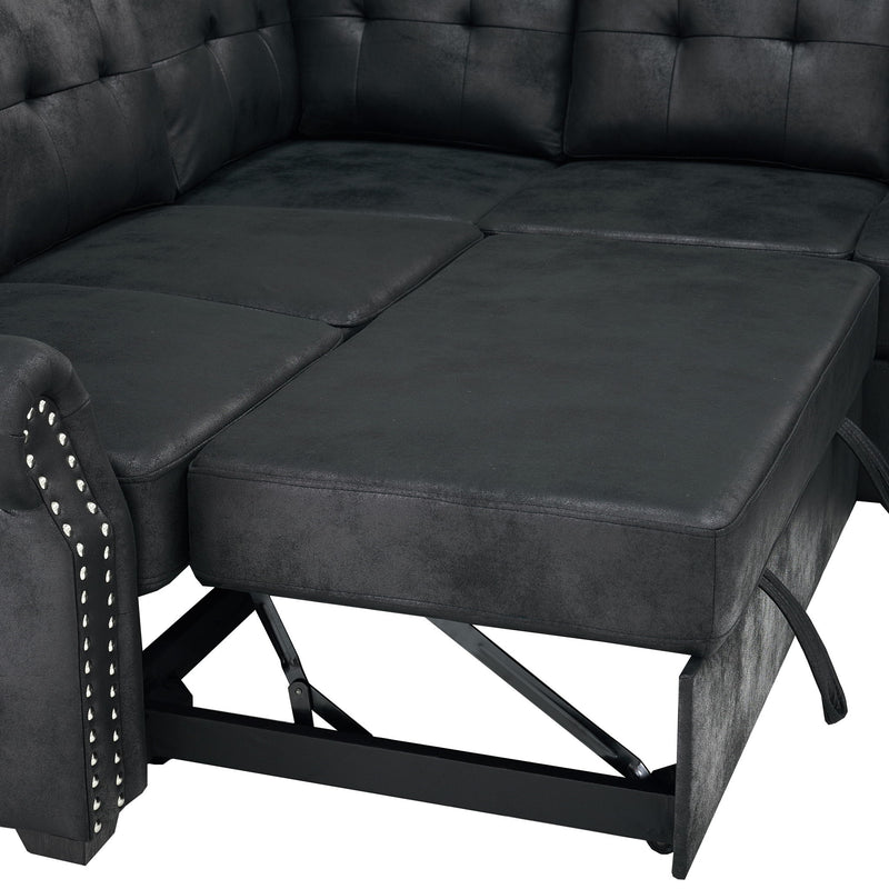 U Shape Sectional Sleeper Sofa With Pull Out Bed And Storage Chaise - Black