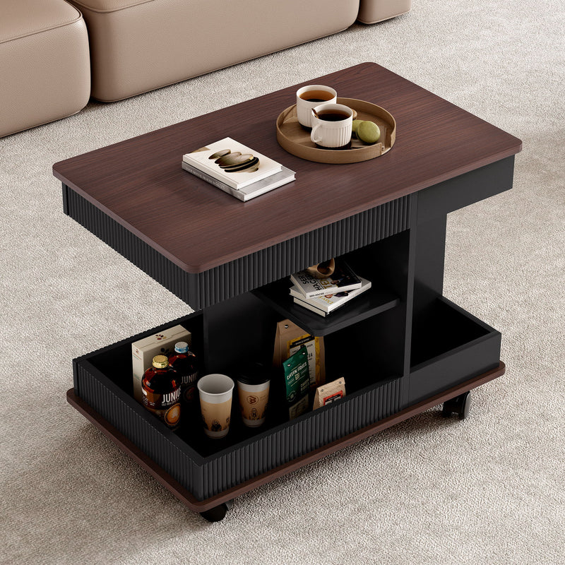 Adjustable End Table With Wheels, 360°Rotating Top And Storage Space