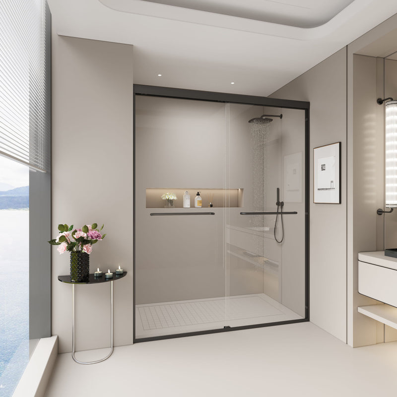 Double Sliding Shower Door, Semi-Frameless Bypass Bathroom Sliding Door With 1/4" (6 Mm) Tempered Glass For Walk-In Shower