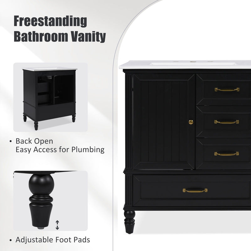 30" Bathroom Vanity With Sink, 3 Drawers, Adjustable Feet