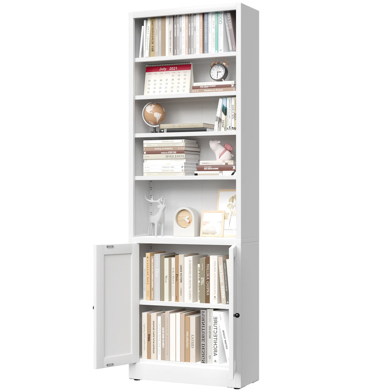 Bookcase Tall 5-Tier Adjustable Storage Shelf With Door Deep - White