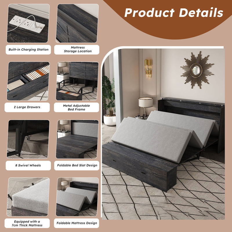 Full Murphy Bed With Storage Drawers, Charging Station, Foldable Panels, And Silent Swivel Wheels