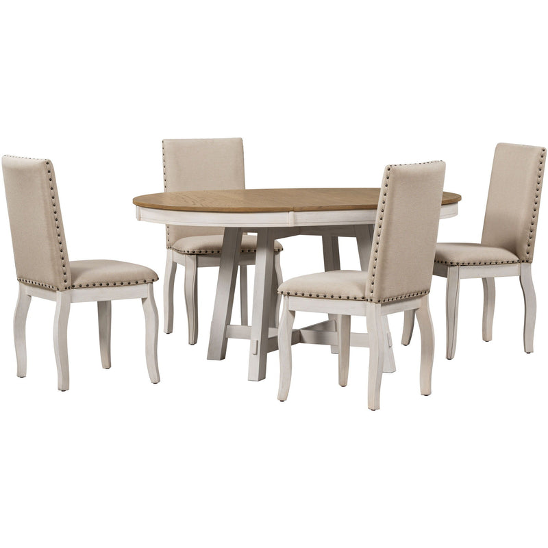 Round Extendable Dining Table Set With 4 Upholstered Chairs