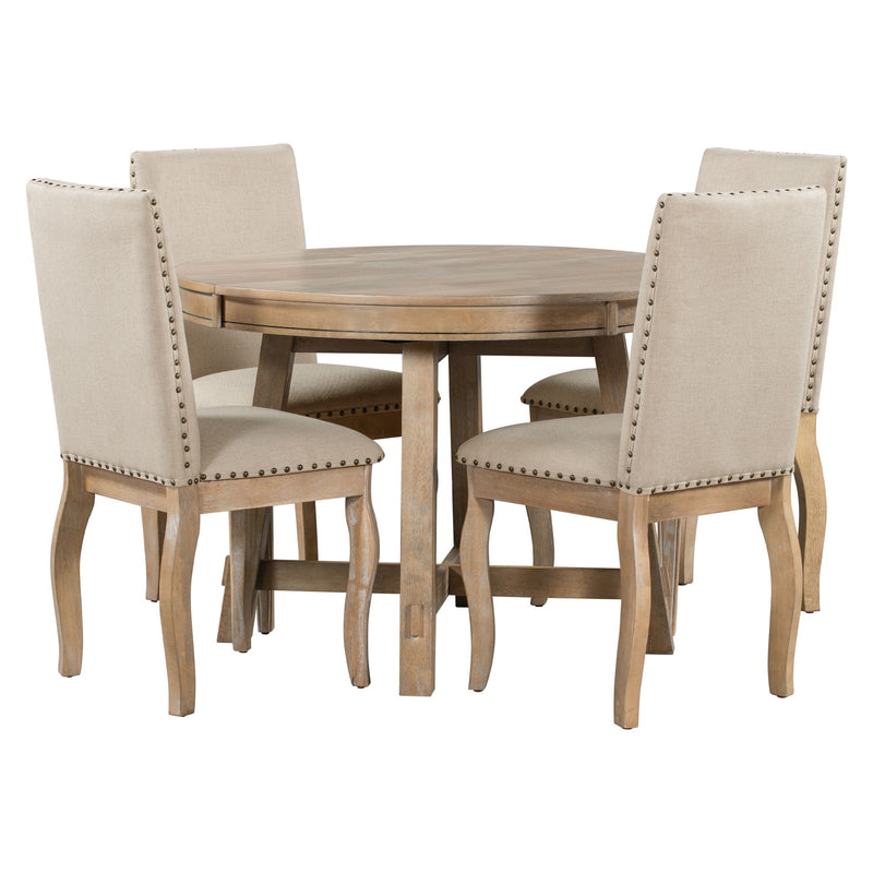 Round Extendable Dining Table Set With 4 Upholstered Chairs