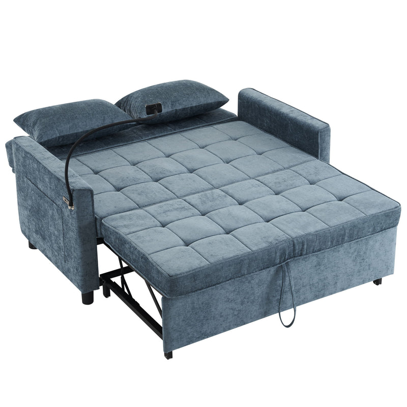 Pull-Out Sleeper Sofa With Reversible Backrest Cushion, Side Pockets, 2 USB Ports And A Phone Holder For Living Room