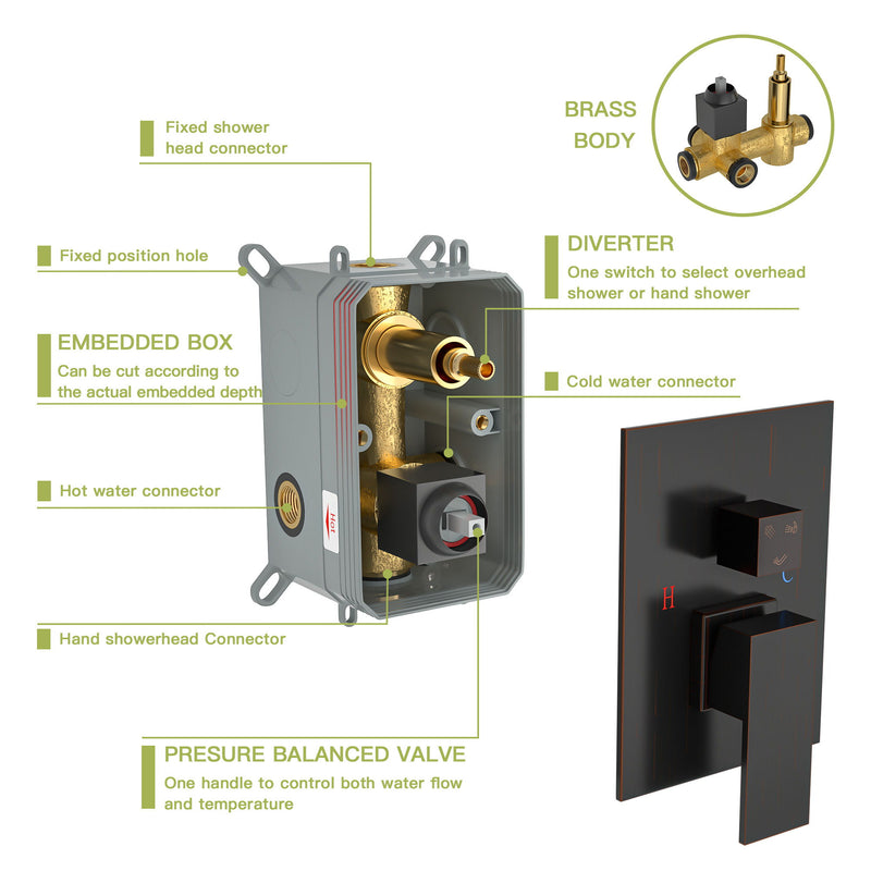 Wall Mounted Square Shower System With Waterfall Tub Spout And 12" Shower Head - Oil-Rubbed Bronze