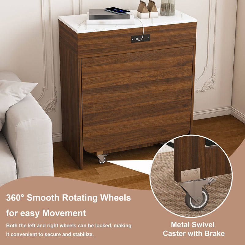 Extendable Dining Table With Power Socket, Lockable Casters, Storage Cabinet