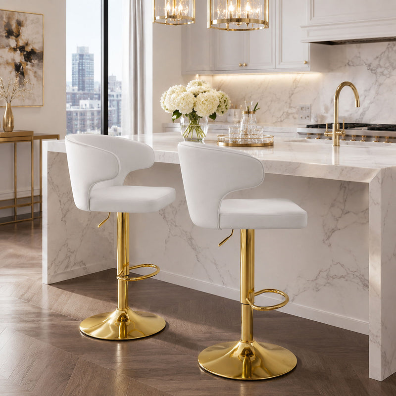 Adjustable Swivel Bar Chair With High Back Support For Kitchen Counter (Set of 2) - Gold / White