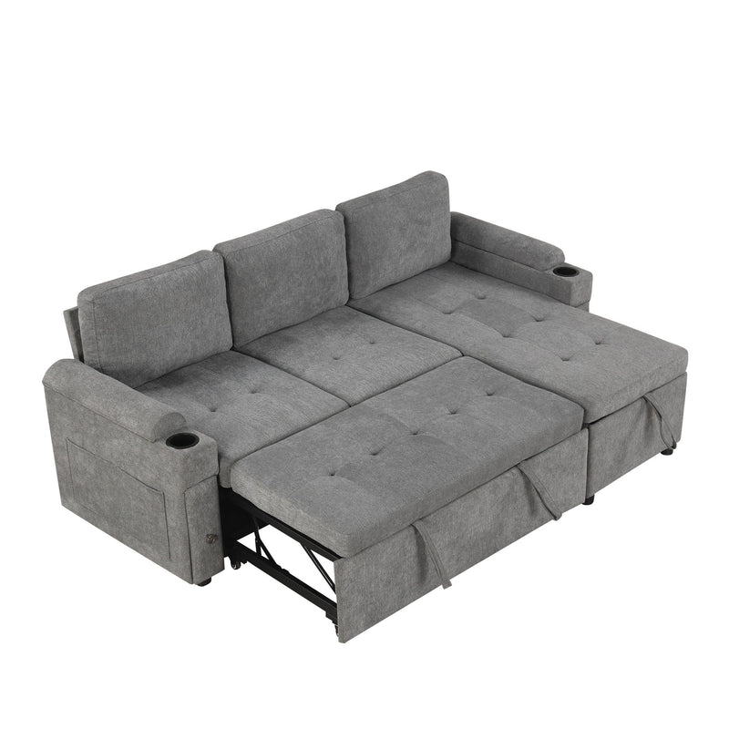 Convertible L Shaped Sofa Couch With Storage, Cup Holders, USB Ports