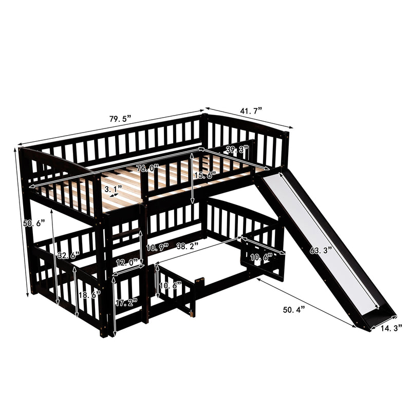 Low Bunk Bed With Slide, Fence And Ladder
