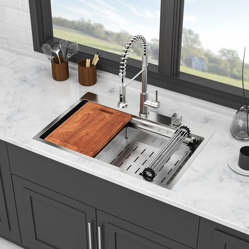 33" Drop In Kitchen Sink Single Bowl 16 Gauge Stainless Steel Ledge Workstation - Brushed Nickel