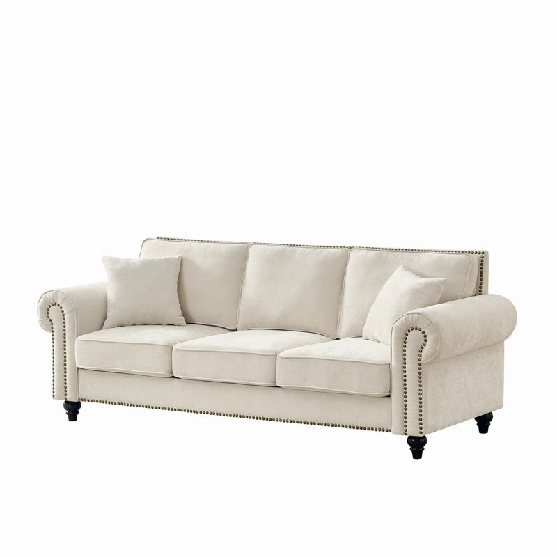 3 Seater Sofa With Tufted Upholstery, Rolled Arms, Nailhead Trim