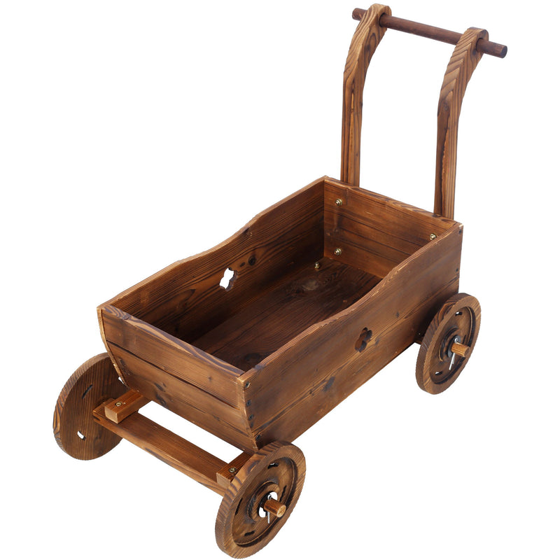 Wooden Wagon Planter Box Mobile Garden Planter With Wheels Handle Drain Hole Wood - Brown