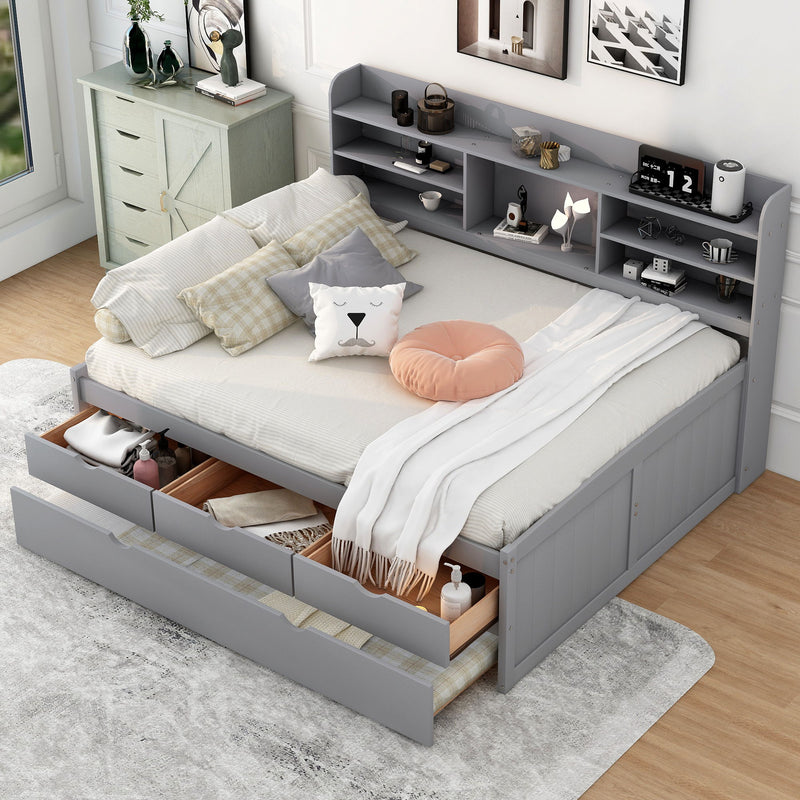 Captain Bed With Built In Bookshelves, 3 Storage Drawers, And Trundle