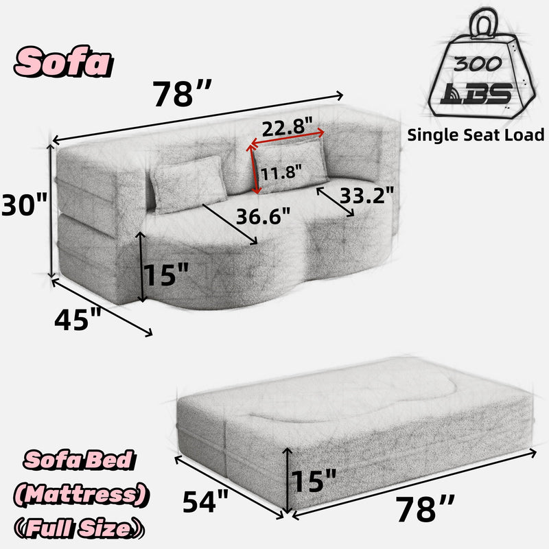 Modern Floor Sofa, With 2 Pillows, Convertible Teddy Fabric Foam Filled Bed