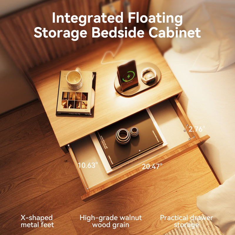 Floating King Size Bed With Integrated Side Tables And Smart Lighting - Beige Gray / White