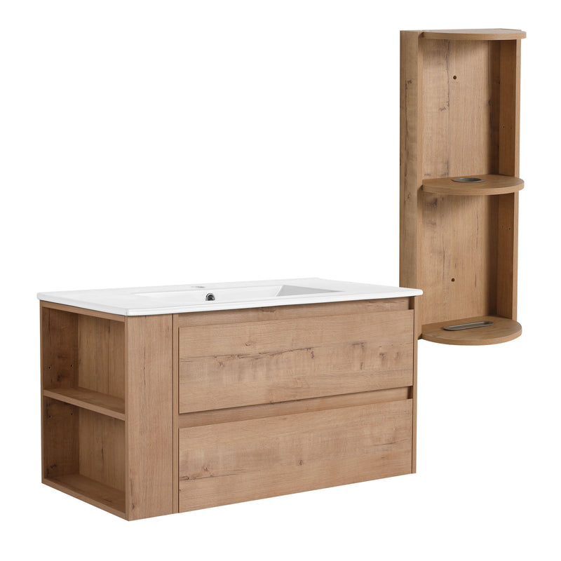 Modern Wall Mounted Bathroom Vanity With Ceramic Sink And Storage Rack, 2 Soft Close Drawers