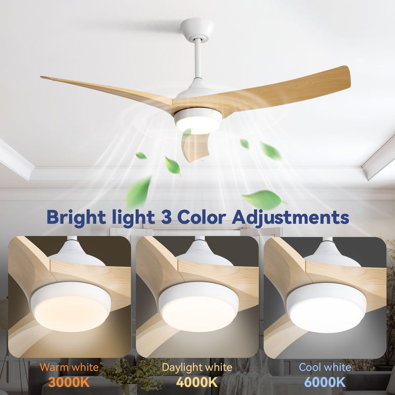 52" Ceiling Fan & 18W LED Light And Remote Control, DC Motor For Bedroom - White