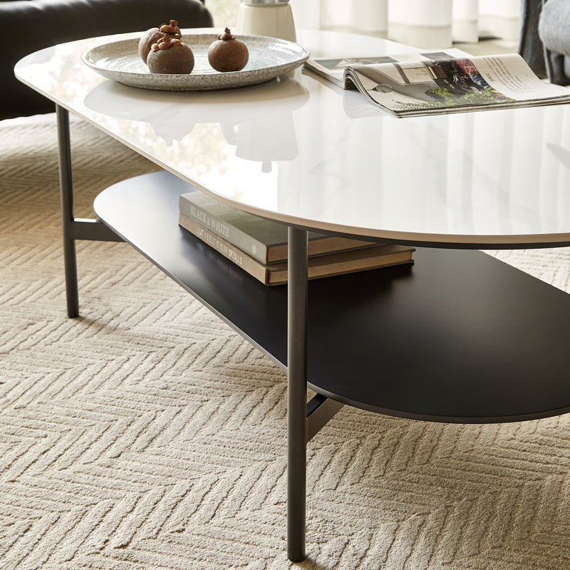 Contemporary Coffee Table Sintered Stone Surface With Ceramic Finish Double Layer Design Base Matte Shelf Modern Living Room Center Table - White / Gray