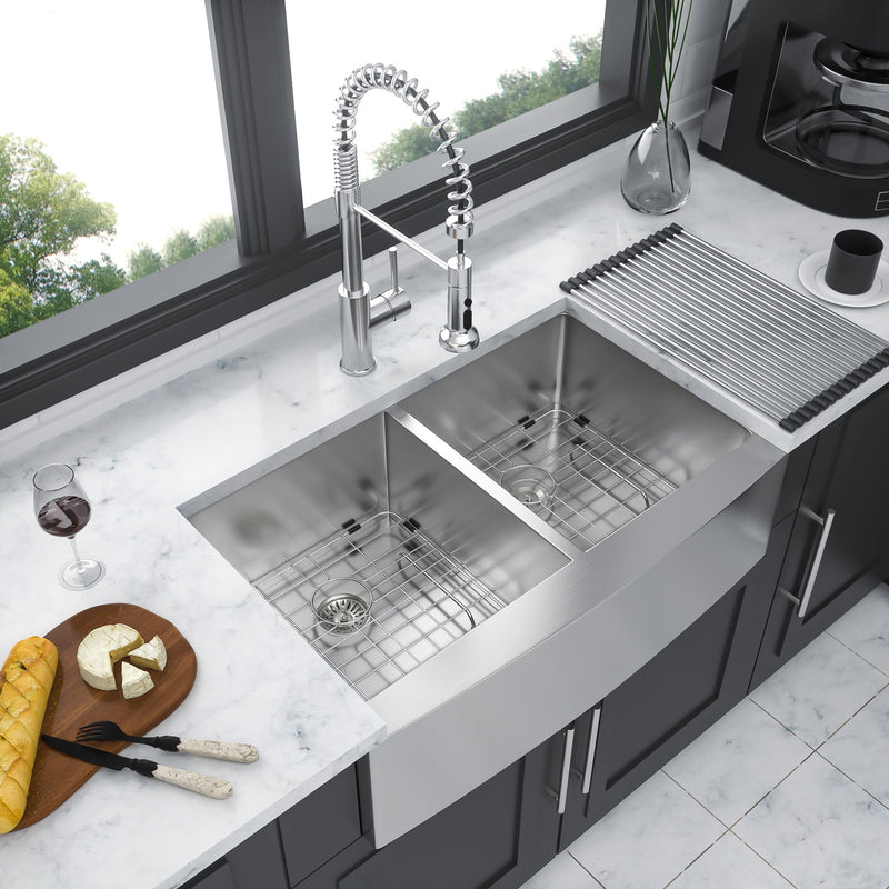 Double Bowl Farmhouse Sink, Stainless Steel Apron Front Kitchen Sink 16 Gauge - Brushed Nickel