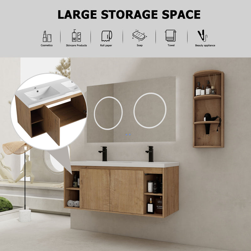 Modern 48" Wall Mounted Bathroom Vanity With Double Resin Sink And Storage Rack Soft Close Doors - Imitative Oak